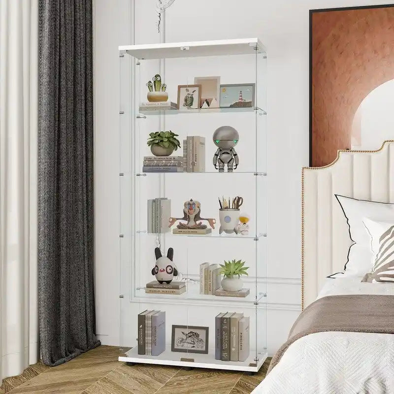 Meuble vitrine à double porte vitrée 5 étagères noir/blanc