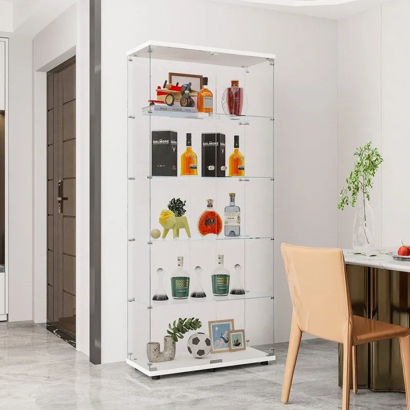 Meuble vitrine à double porte vitrée 5 étagères noir/blanc