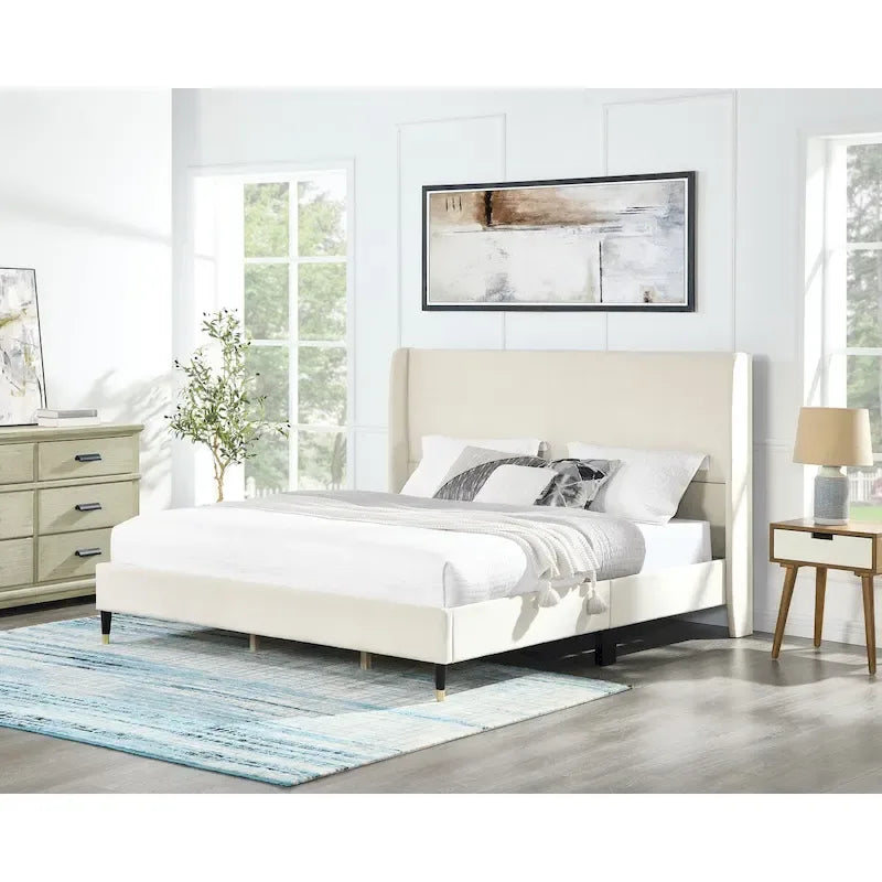 Lit capitonné en velours beige, king size, 2 places