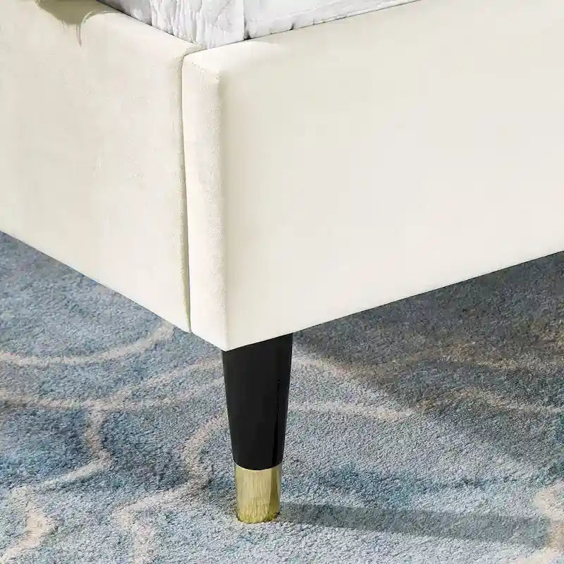 Lit capitonné en velours beige, king size, 2 places